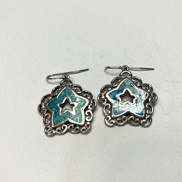 Jewelry - Trifari Dark Silver Tone Star Dangle Pierced Earrings with Turquoise Chip Enlay